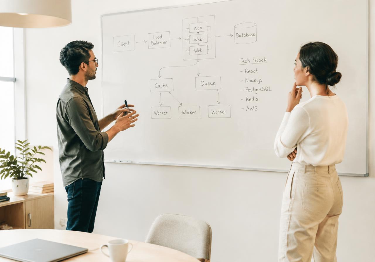 Two engineers reviewing a system architecture diagram on a whiteboard