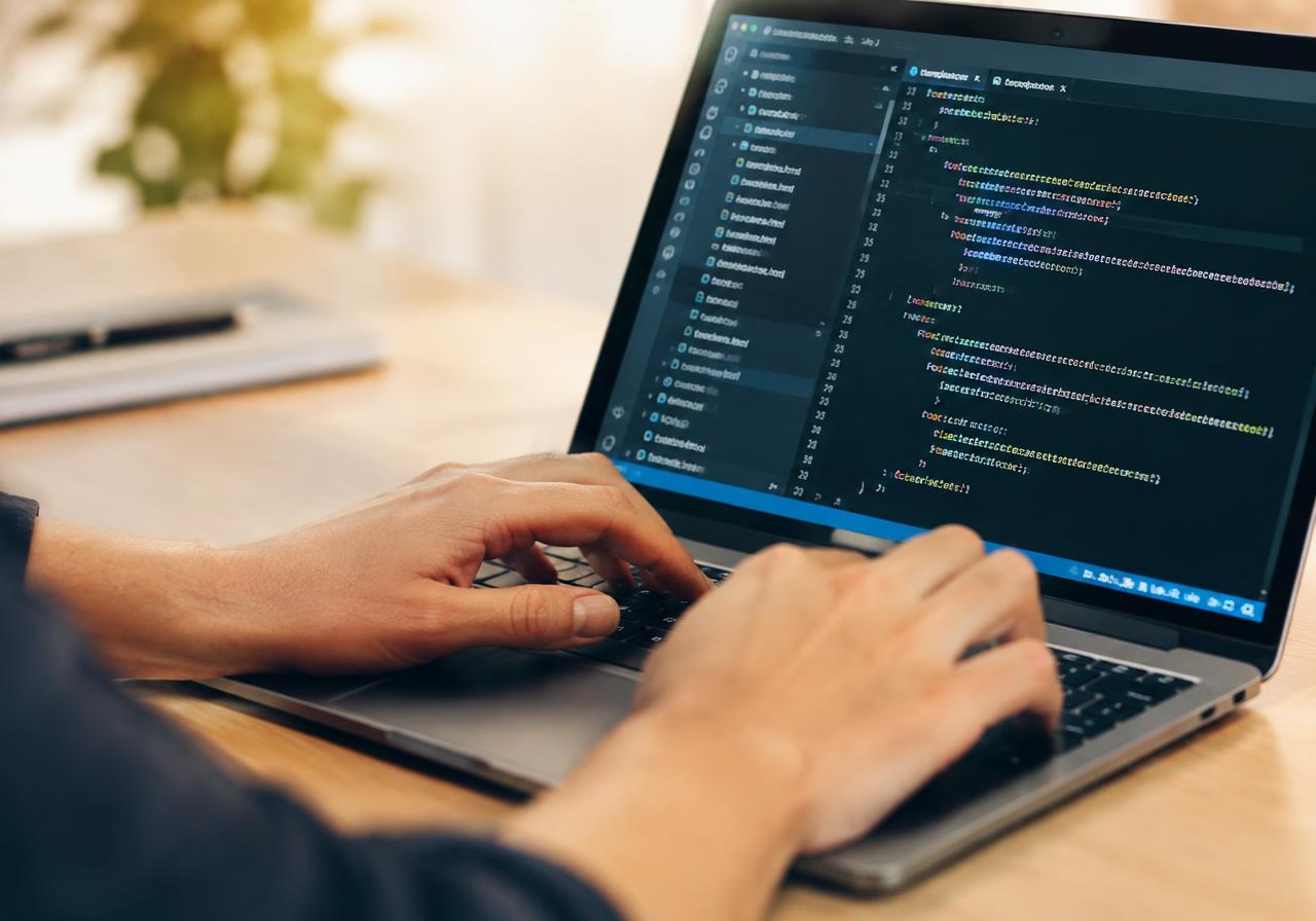 Developer typing code on a laptop in a bright workspace