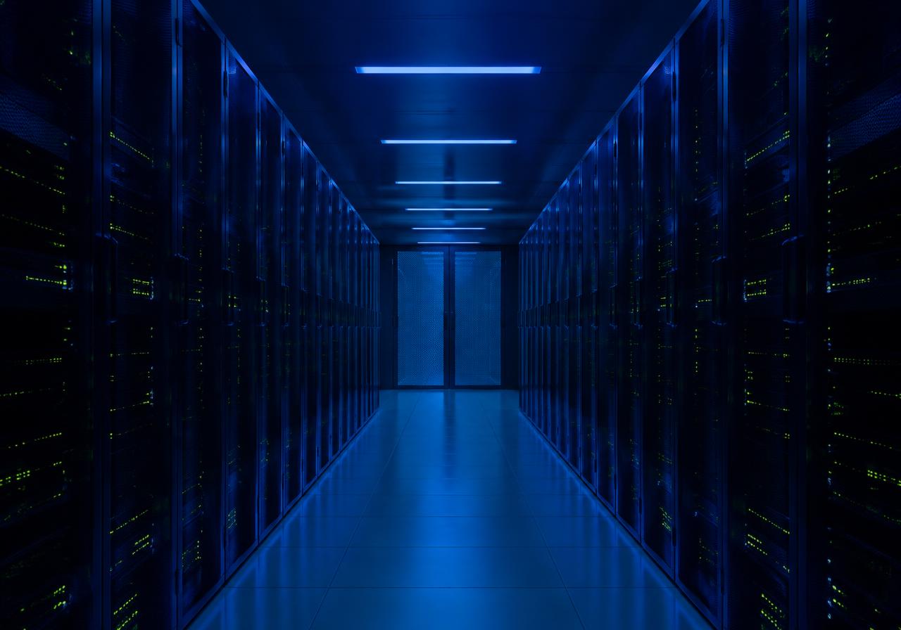 Corridor of server racks lit in deep blue